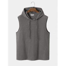 Mens Solid Color Ribbed Hooded Sleevelss Casual Tank Top