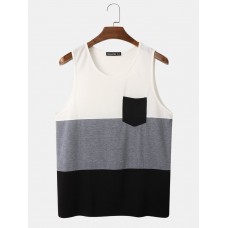 Mens Sleeveless Patchwork Chest Pocket Preppy Tank Top