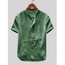 Men Cotton Linen Short Sleeve Solid Color Leisure Henley Shirts