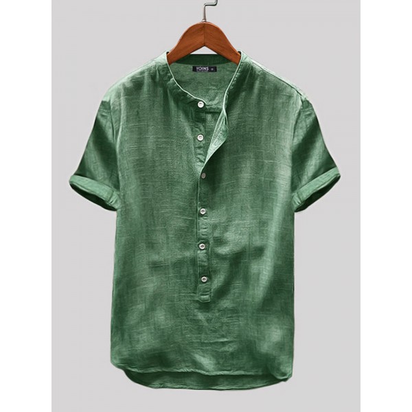 Men Cotton Linen Short Sleeve Solid Color Leisure Henley Shirts