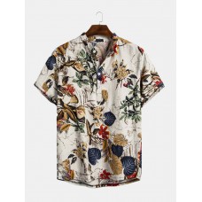 Mens Cottonn Tropical Leaves Prinnt Short Sleeve Oriental Henley Shirts