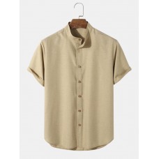 Mens Casual Solid Color Grandad Collar Button Up Shirts