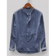 Mens Vintage Loose Comfy Solid Color Buttons Fly Long Sleeve Casual Henley Shirts