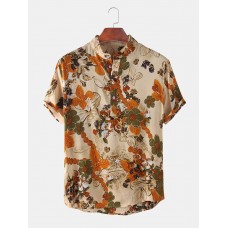 Mens Floral Printed Stand Collar Holiday Casual Short Sleeve Henley Shirts