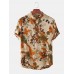 Mens Floral Printed Stand Collar Holiday Casual Short Sleeve Henley Shirts