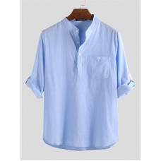 Mens Linen Casual Roll Sleeve Loose Buttons Pullover Henley Shirts