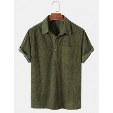 Mens Solid Color Basic Style Corduroy Lapel Short Sleeve Henley Shirt