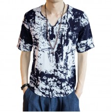 INCERUN Mens V Neck Ink Printing Chinese Style Casual Cotton Short Sleeve Tops Tees