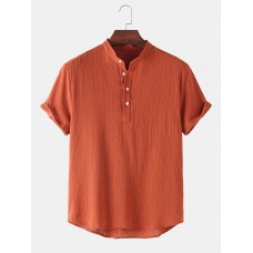 Mens Basic Solid Color Linen Short Sleeve Henley Shirt