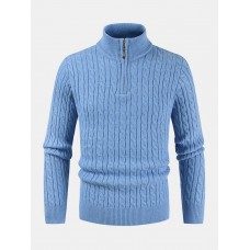 Mens Solid Color Twist Knit Half Zipper High Neck Winter Warm Sweater