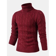 Mens Twisted Knitted High Neck Solid Color Casual Basic Sweater