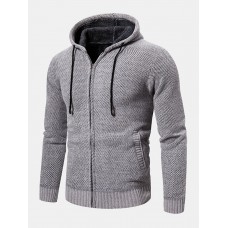 Mens Knitted Zipper Front Solid Color Warm Long Sleeve Hooded Sweater Hoodie Jacket
