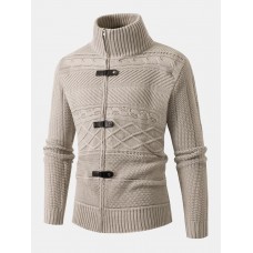 Men Cable Knitted Textured Buckle High Neck Solid Front Zipper Outdoor Sweaters