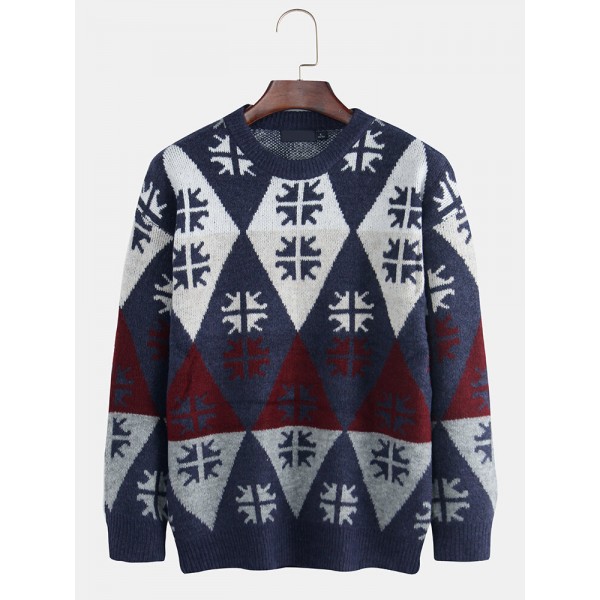 Men New Fashion Round Neck Rhomboids Pullover Sweaters