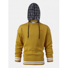 Mens Patchwork Casual Knitted Drawstring Plaid Hooded Sweater