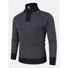 Men Knit Pure Solid Pullover Zip Stand Collar Velvets Warm Sweater