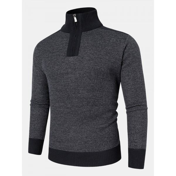 Men Knit Pure Solid Pullover Zip Stand Collar Velvets Warm Sweater