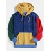 Mens Corduroy Colorblock Patchwork Half Button Pouch Pocket Drawstring Hoodies