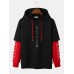 Men Colorblock Faux Two Pieces Japanese Letter Hooded Sweatshirt