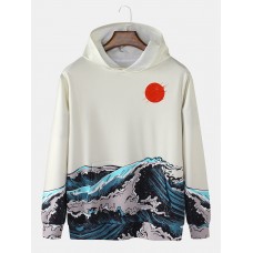 Mens Sea Landscape Print Pocket Long Sleeve Ukiyoe Hoodies