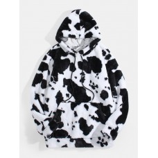 Mens Cows Print Fluffy Long Sleeve Plush Hoodie With Kangaroo Pocket
