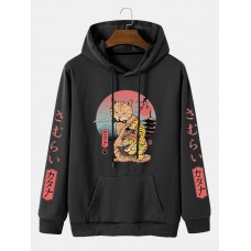 Men Cartoon Printed Japanese Style Kangaroo Pocket Letter Hooded Sweatshirt