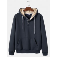 Mens Solid Button Front Cotton Flocking Pouch Pocket Drawstring Hoodies