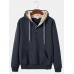 Mens Solid Button Front Cotton Flocking Pouch Pocket Drawstring Hoodies