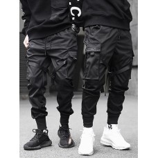 Men's streetwear cargo pants joggers hip-hop long trousers with multi-pockets Ribbon athleisure sweatpants sports outdoor fashion casual relaxed fit with elastic waist drawstring pants