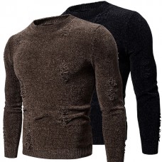 Men's Pullover Sweater Jumper Ribbed Knit Cropped Knitted Solid Color Crew Neck Stylish Basic Daily Holiday Fall Winter Black Coffee S M L / Cotton / Long Sleeve