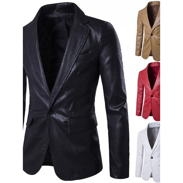 Men's Blazer Sport Jacket Sport Coat Smart Casual Regular Pocket Coat White Black Khaki Red Business Business Fall Single Breasted One-button Turndown  Faux Leather / Winter / Long Sleeve / Work